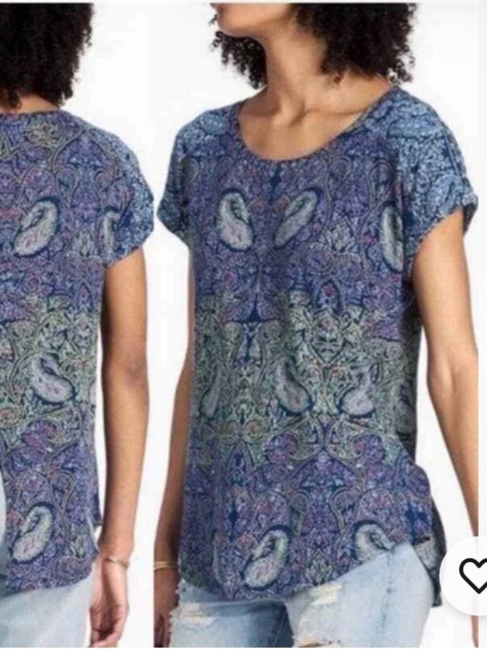 Lucky Brand Size 3x Short Sleeve Blouse Top Paisley Boho Floral Split Back Blue